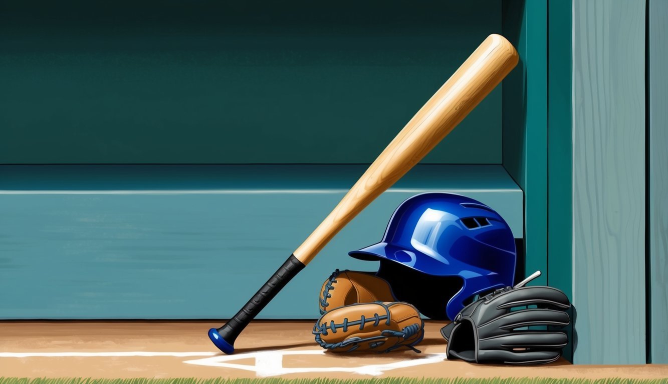 A baseball bat leaning against a dugout wall, with a helmet and gloves nearby, ready for a designated hitter to step up to the plate