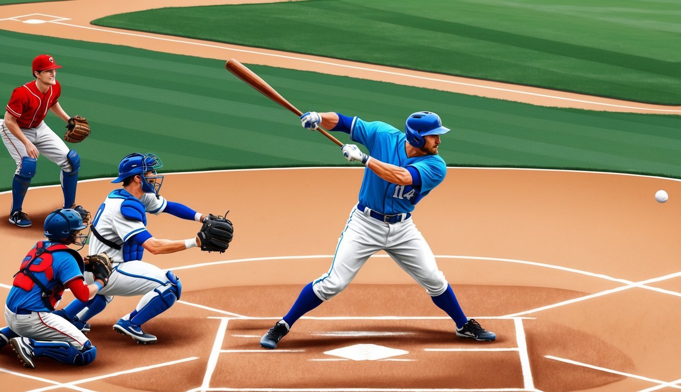 A baseball player hitting a ball with a bat, while other players wait on base and in the outfield