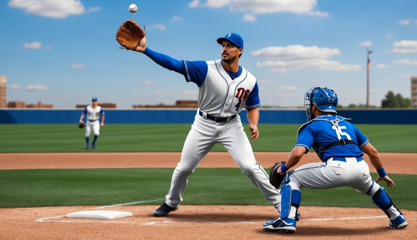 A baseball player catching a fly ball in the outfield, ready to throw to the baseman at first base