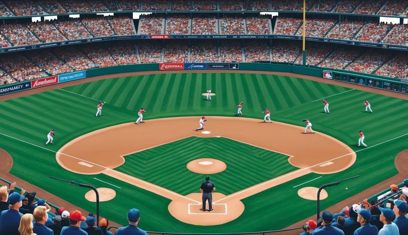 A baseball field with two teams playing a game, surrounded by cheering fans and umpires