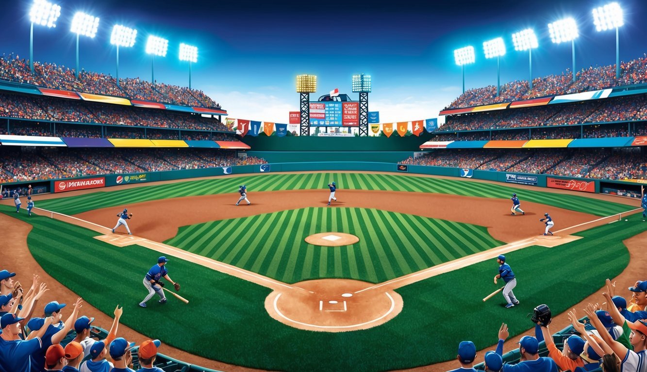 A baseball field with two teams playing, surrounded by cheering fans and colorful banners, under the bright lights of the stadium