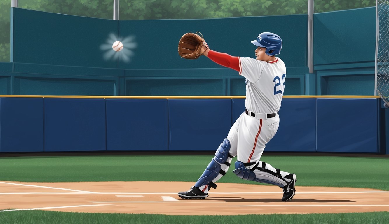 A baseball flying past the catcher's outstretched glove, heading towards the backstop