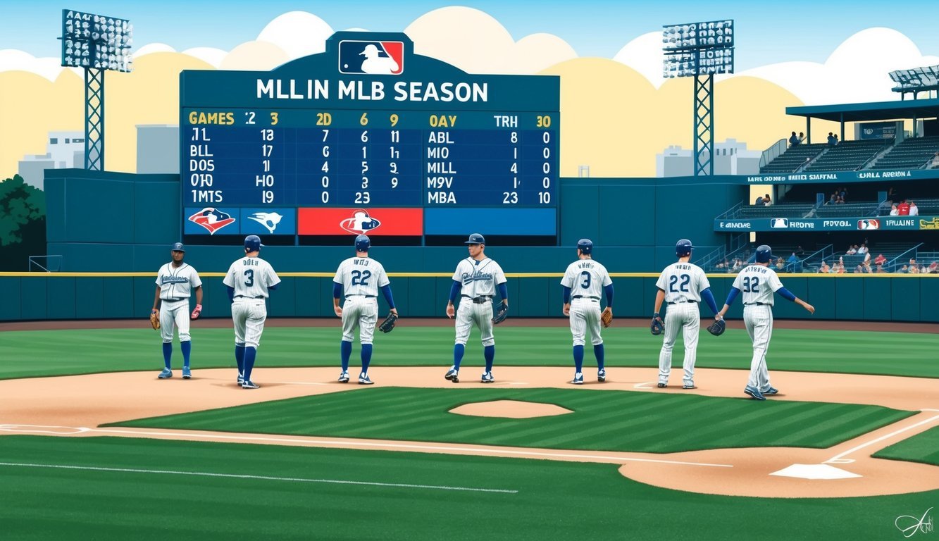 A baseball field with players in uniforms, a scoreboard displaying the number of games played in the MLB season, and other sports equipment in the background