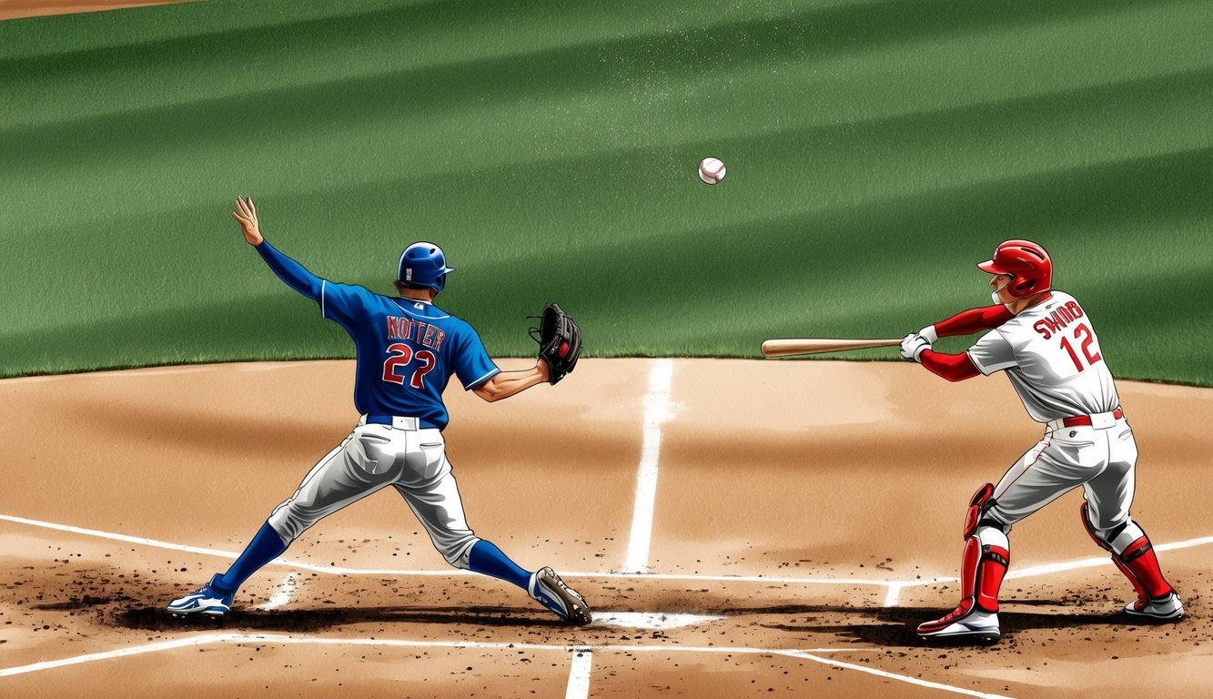 A baseball flying through the air, with the pitcher's arm in motion and the batter preparing to swing