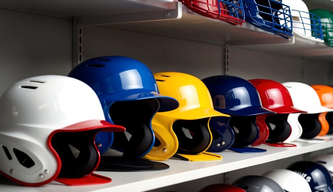 Row of colorful baseball helmets on shelves, various colors