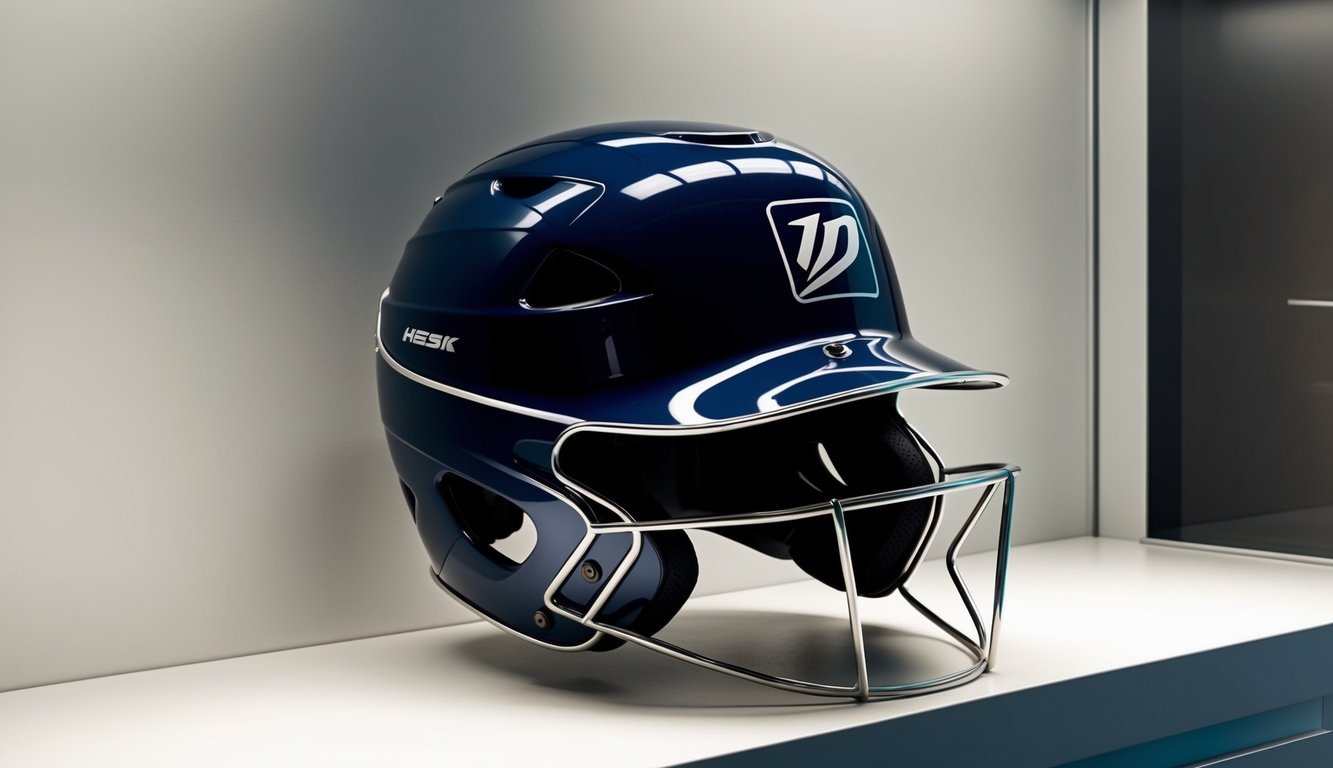 A high-quality batting helmet sits on a clean, well-lit display shelf, showcasing its sleek design and protective features