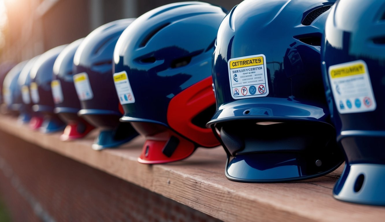 A row of baseball helmets with visible safety standards and certifications labels