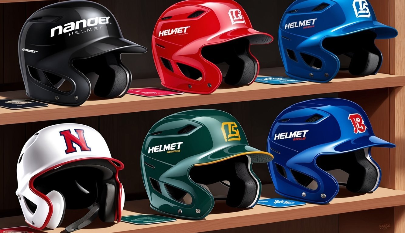 A display of top baseball helmet brands with their offerings on a shelf