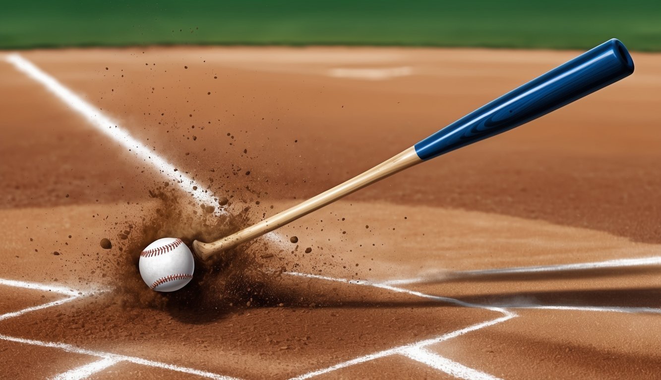 Baseball bat hitting a baseball on a baseball field, dirt flying