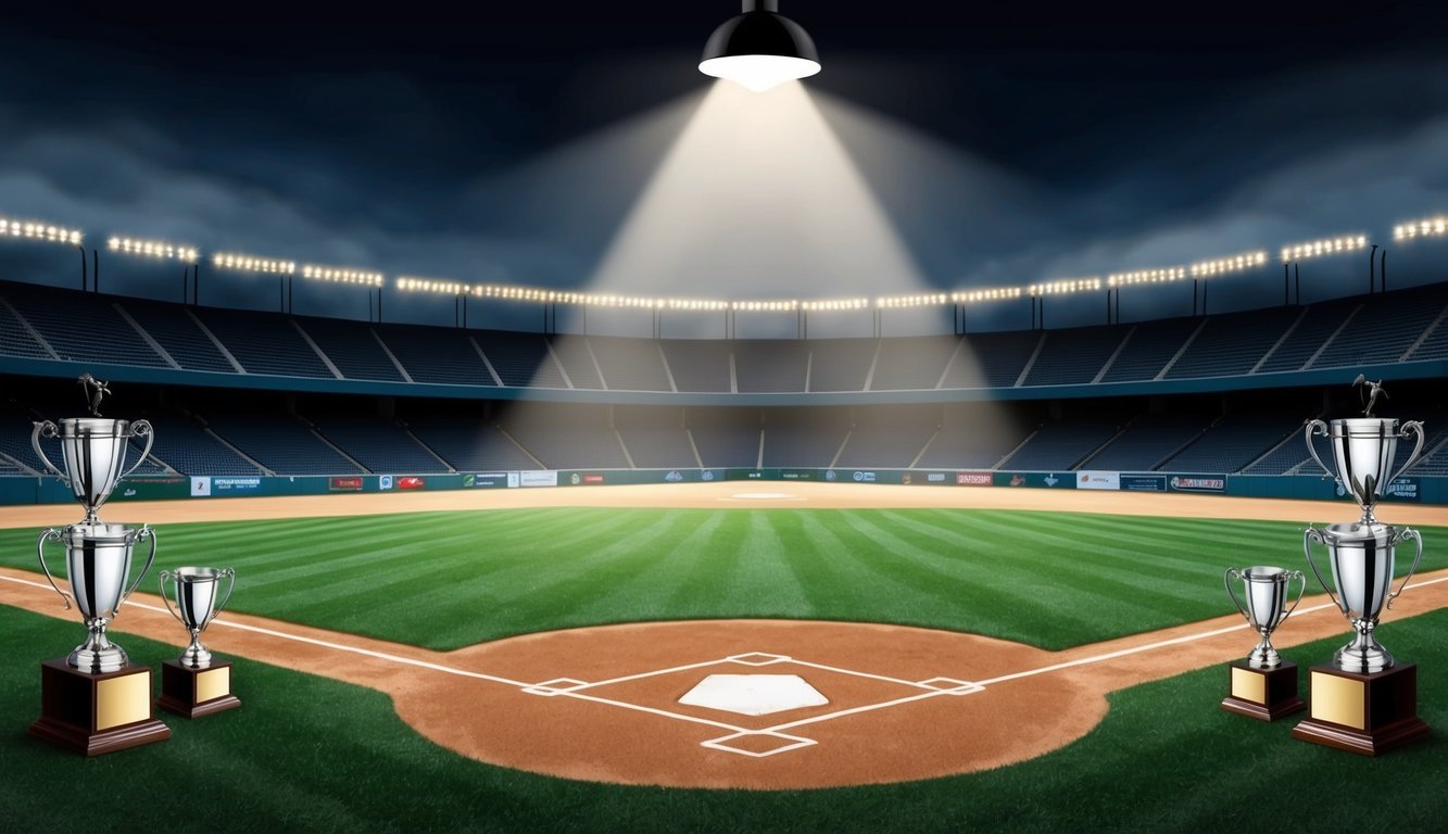 A baseball field with a spotlight shining on an empty second base, surrounded by trophies and awards