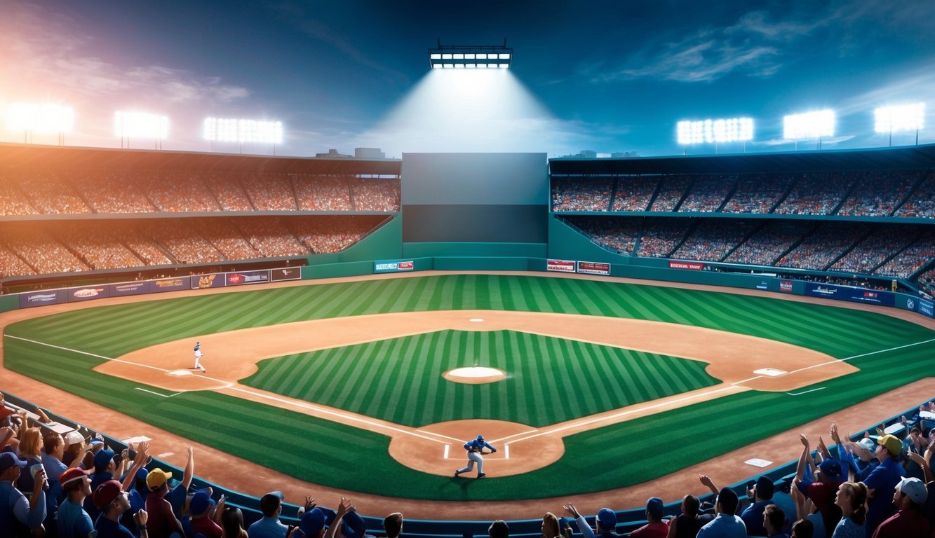 A baseball field with a spotlight shining on the second base, surrounded by cheering fans