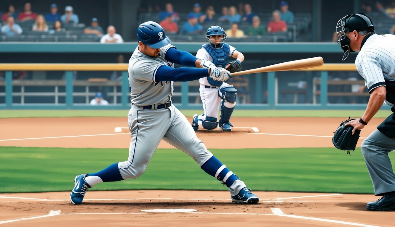 A baseball batter stands in the batter's box, ready to swing as the pitcher winds up on the mound.</p><p>The umpire watches closely behind the catcher