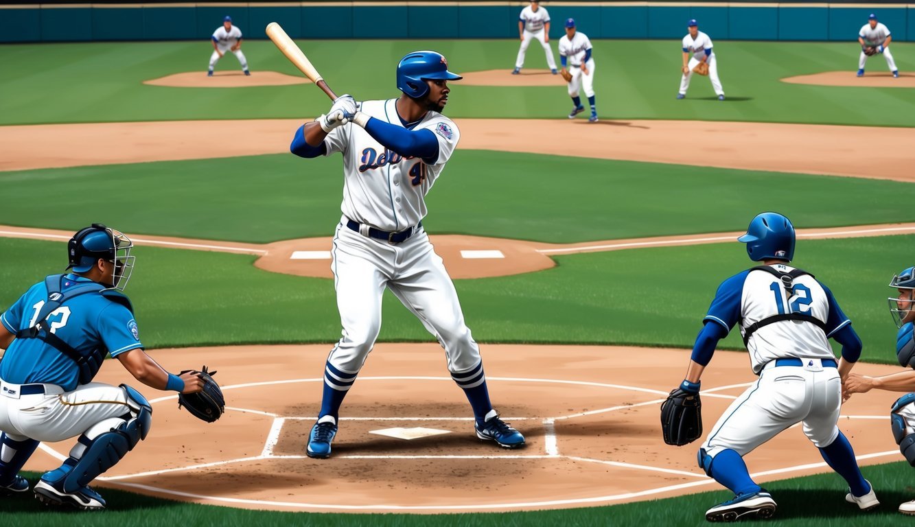 A baseball batter stands poised, eyeing the pitcher, bat held ready, while the opposing team strategizes in the field behind him