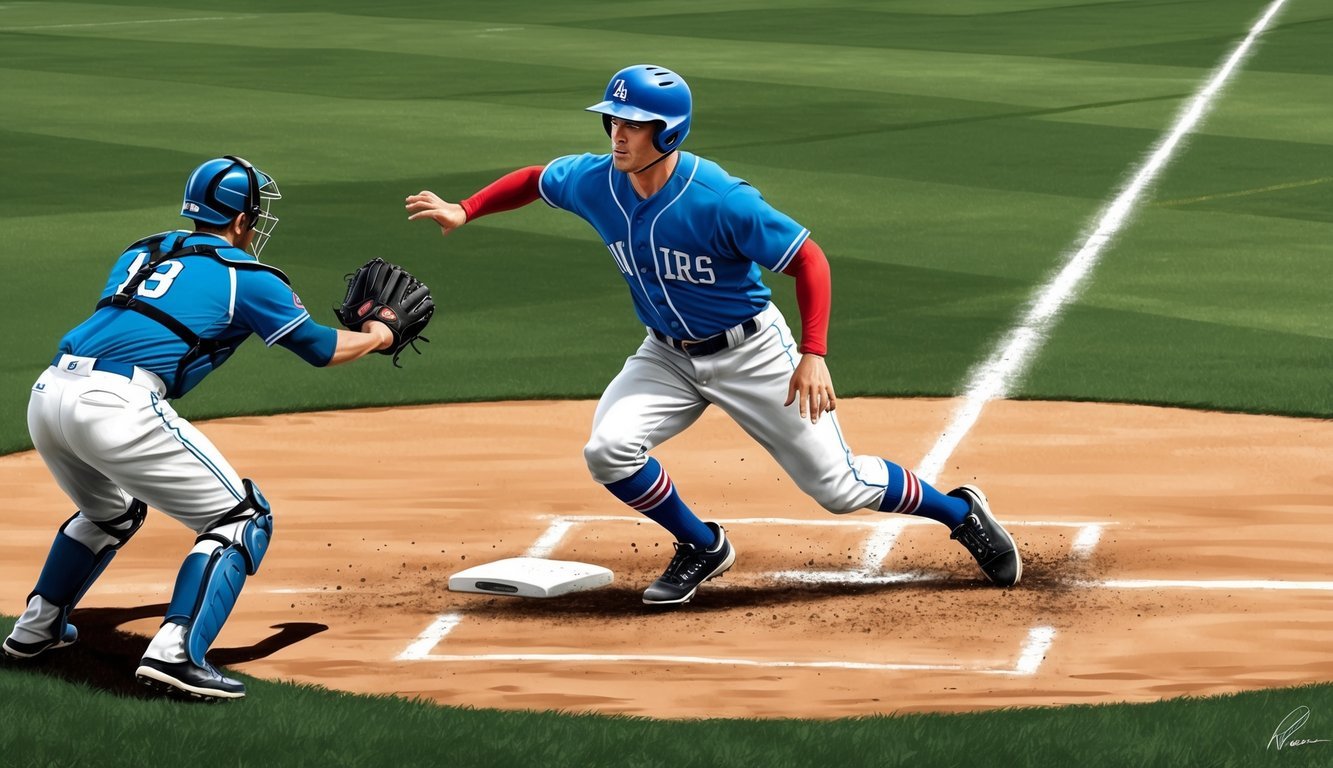 A baseball player rounds third base, heading for home plate with determination, while the outfielder prepares to make a throw from the outfield