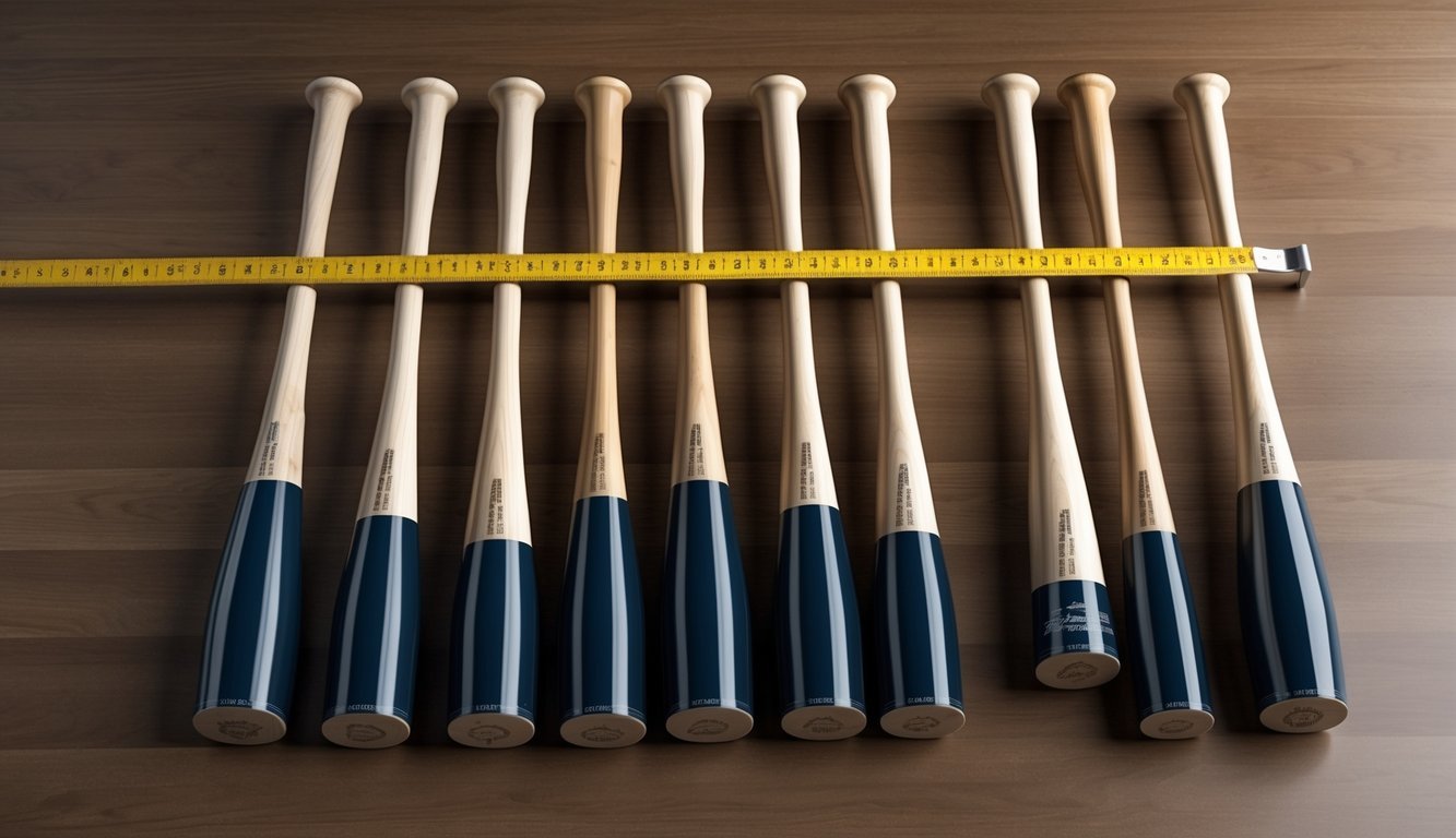 A row of MLB regulation bats lined up on a wooden table, with a measuring tape wrapped around one to show its dimensions