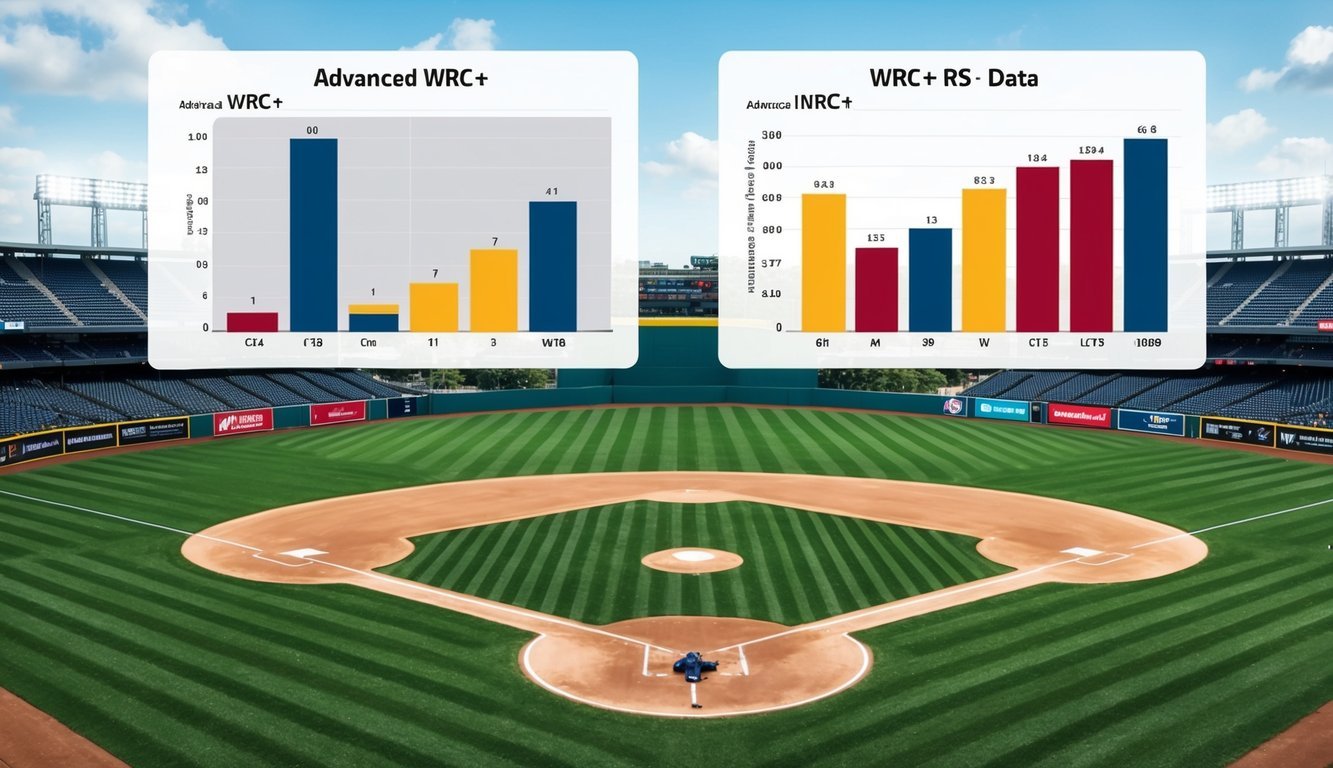 A baseball field with statistical charts hovering above, representing advanced WRC and WRC+ data