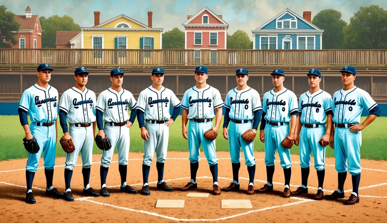 A group of players in vintage baseball uniforms stand on a dirt field, surrounded by wooden bleachers and a backdrop of old-fashioned buildings