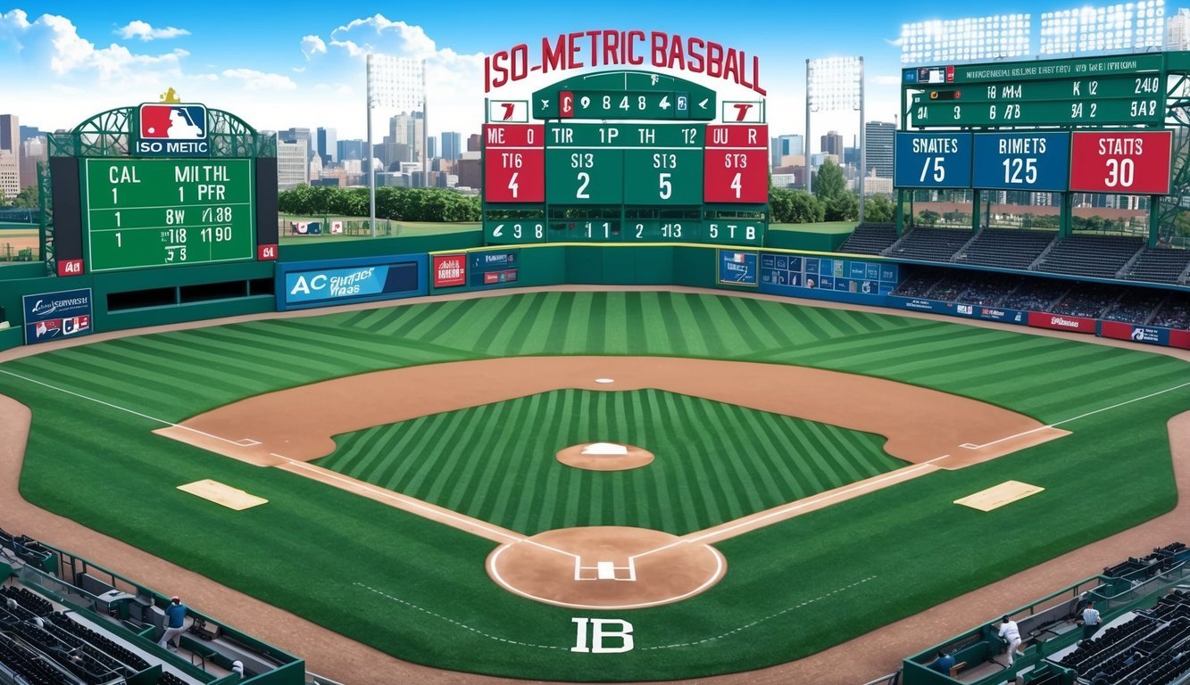 A baseball field with ISO metric symbols integrated into the scoreboard and player statistics display