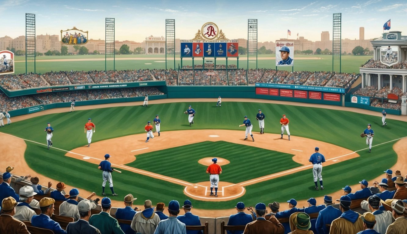 A baseball field with players in vintage uniforms, surrounded by spectators and historical memorabilia