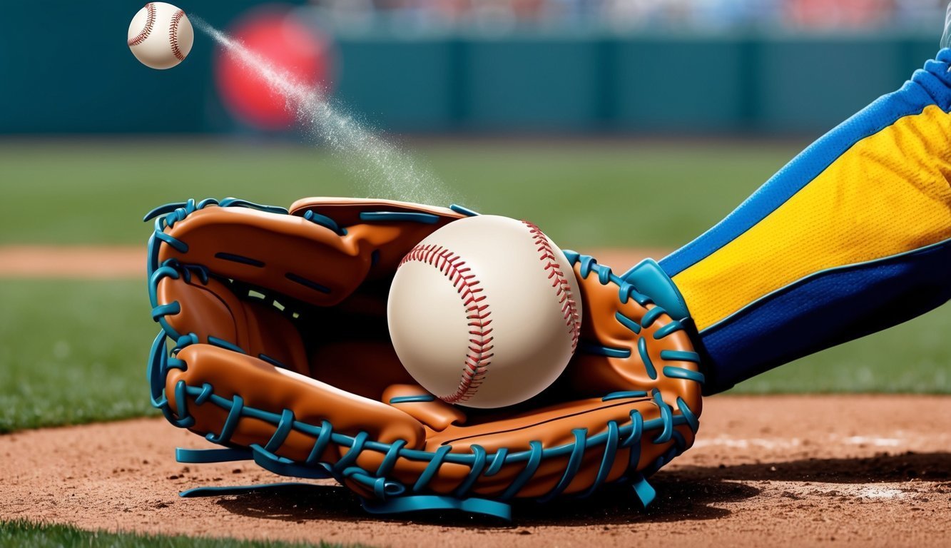 Baseball glove catching a baseball with a trail, on a baseball field