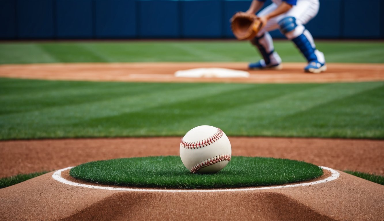 A baseball sitting on a mound, a pitcher's rubber in the background, with a catcher's mitt waiting behind home plate