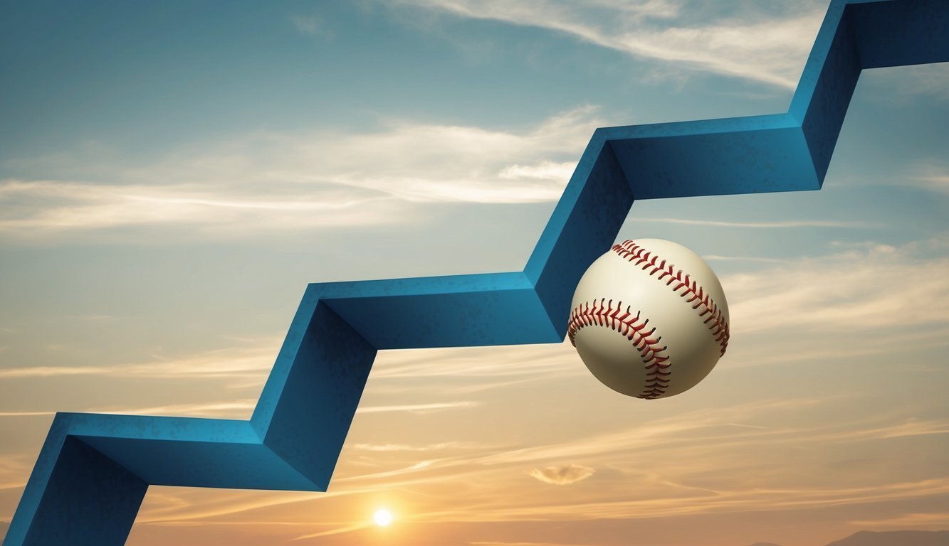 Baseball next to a blue upward graph, representing growth or progress