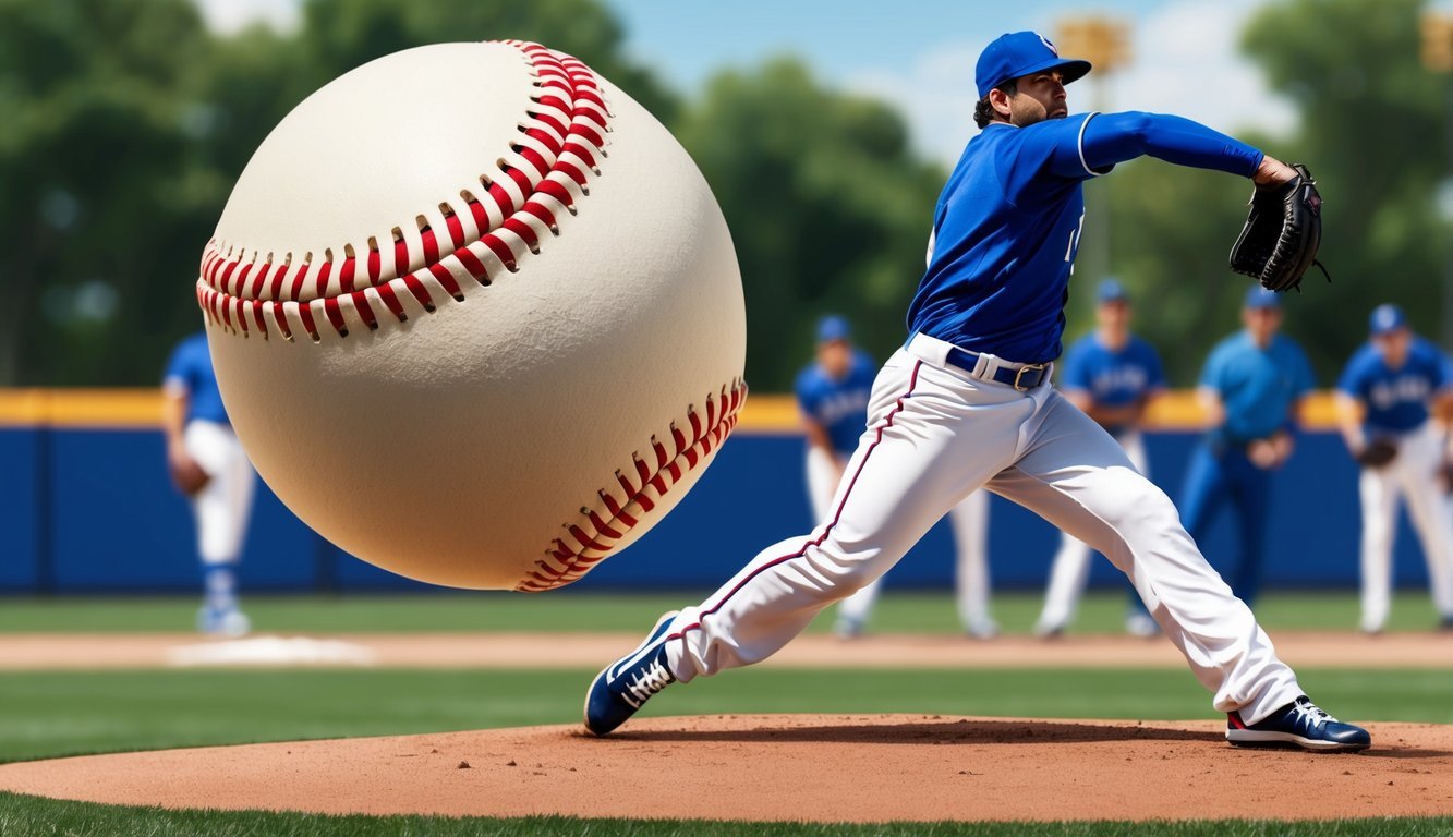 A baseball spinning in mid-air after a pitcher releases a screwball pitch, with batters awaiting in the background