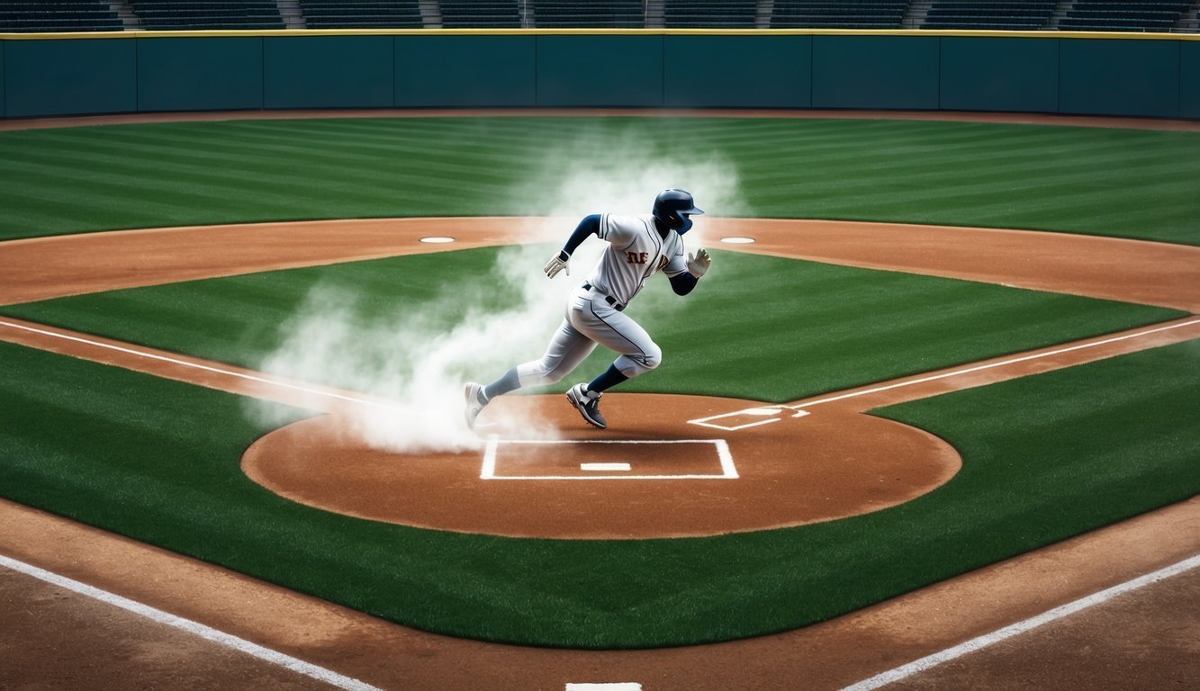 Baseball player sliding into home base, kicking up dust on the field
