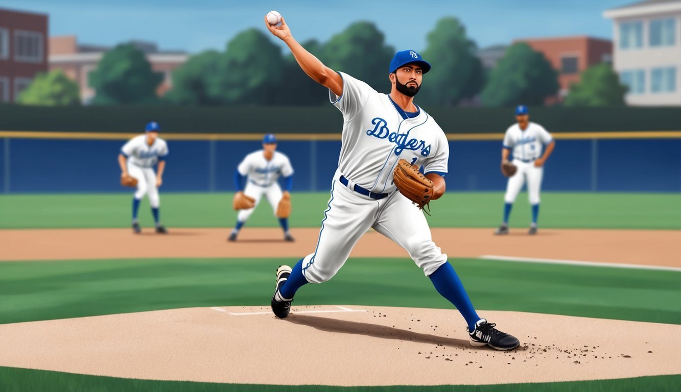 Baseball pitcher in Dodgers uniform throws a ball on the mound