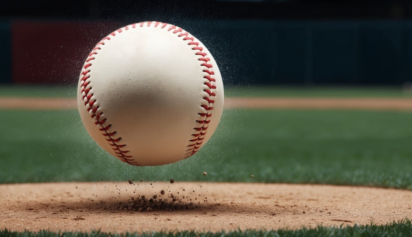 A baseball spinning in mid-air, its seams blurred, as it dances unpredictably towards home plate