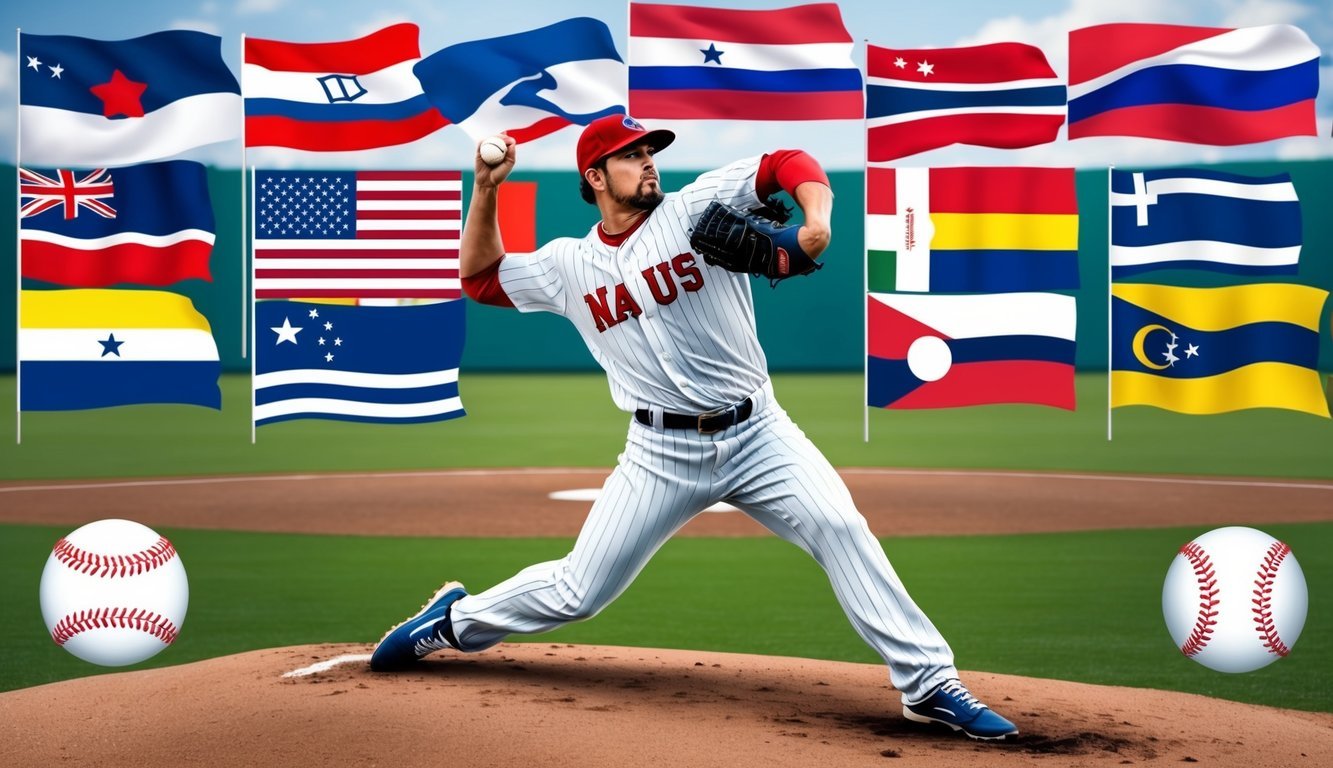 A baseball pitcher winds up to throw, surrounded by flags representing different international baseball leagues