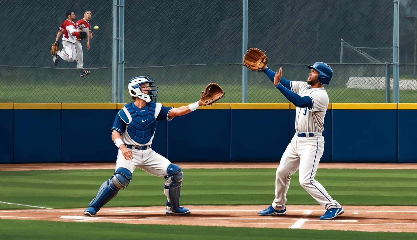 Baseball players in action, one catching a ball, two others jumping