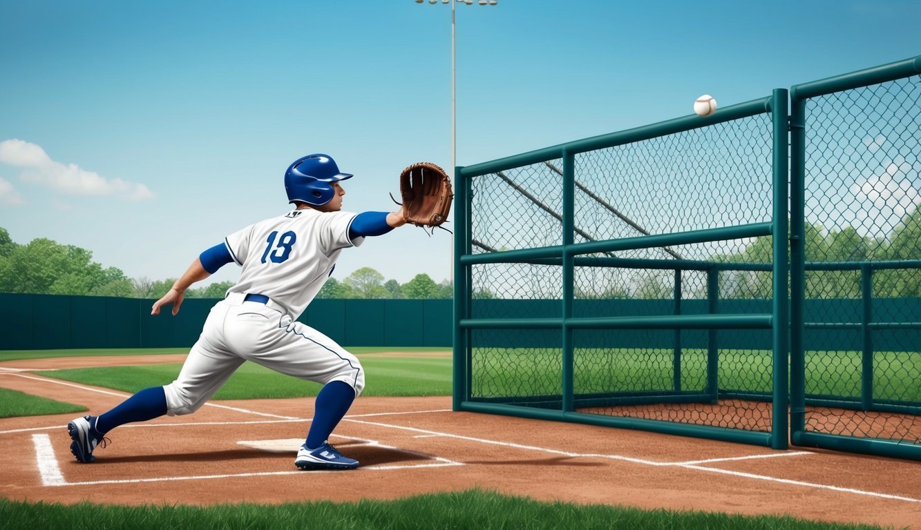 Baseball player in uniform reaching for a ball near a fence
