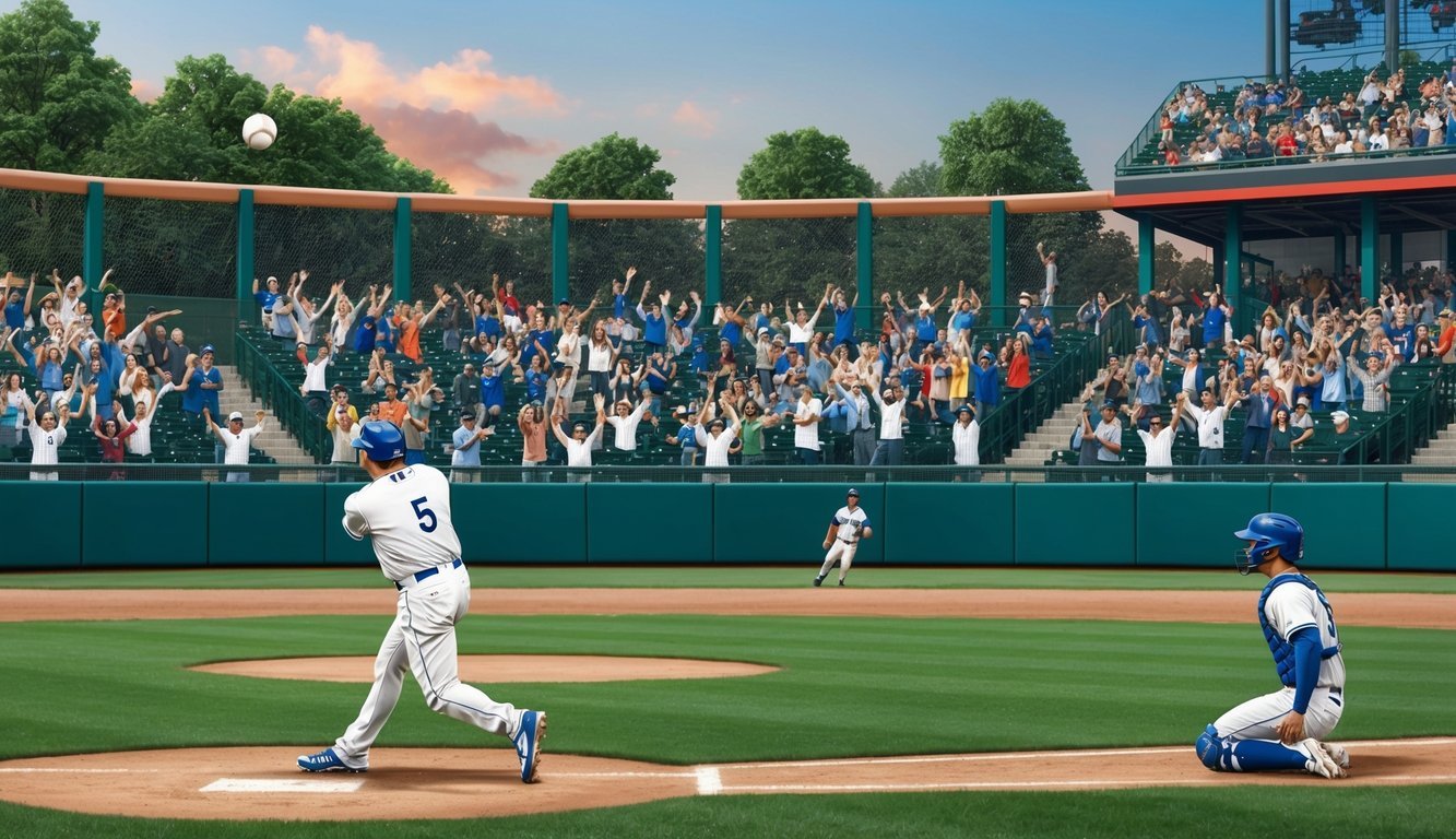 A baseball flying high over the left field fence, while fans cheer and the left fielder watches from the outfield