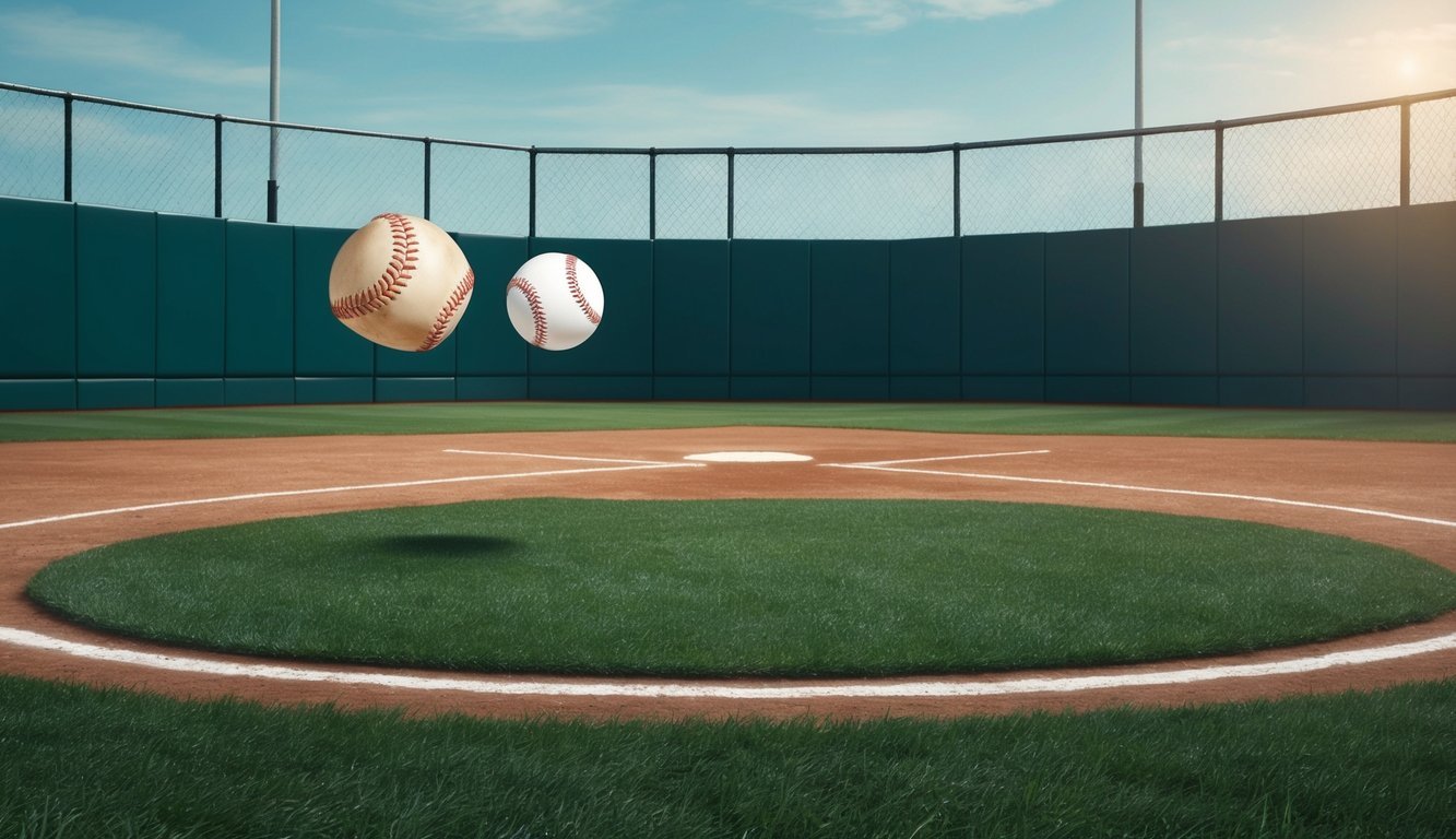 A baseball soaring over the fence, just out of reach of the outfielder's glove