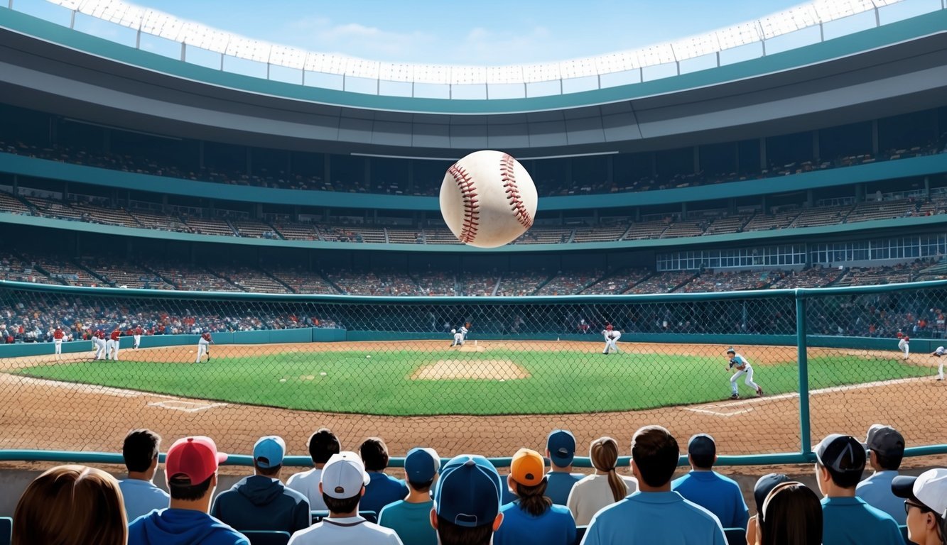 A baseball soaring over the stadium fence, narrowly missing a group of spectators