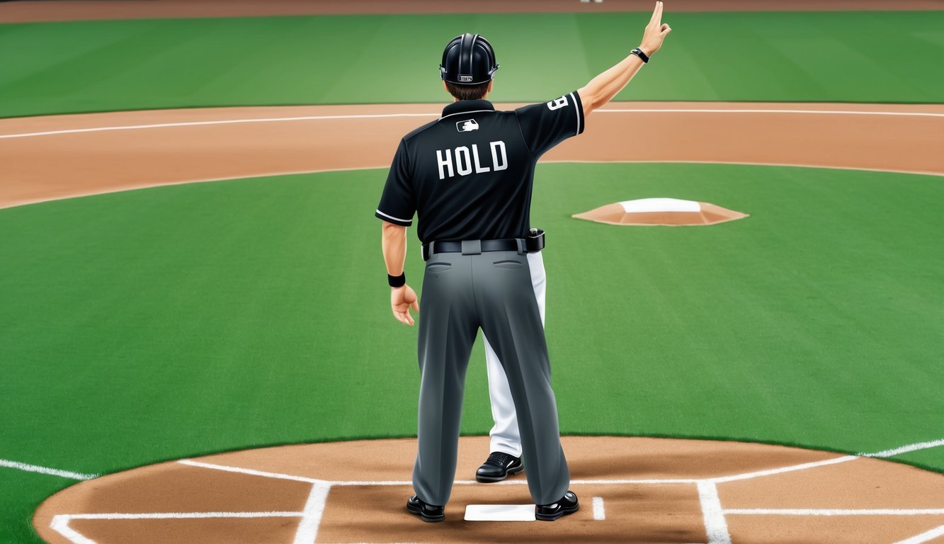 A baseball umpire signaling a "hold" with a raised hand and extended arm, while standing on the field during a game