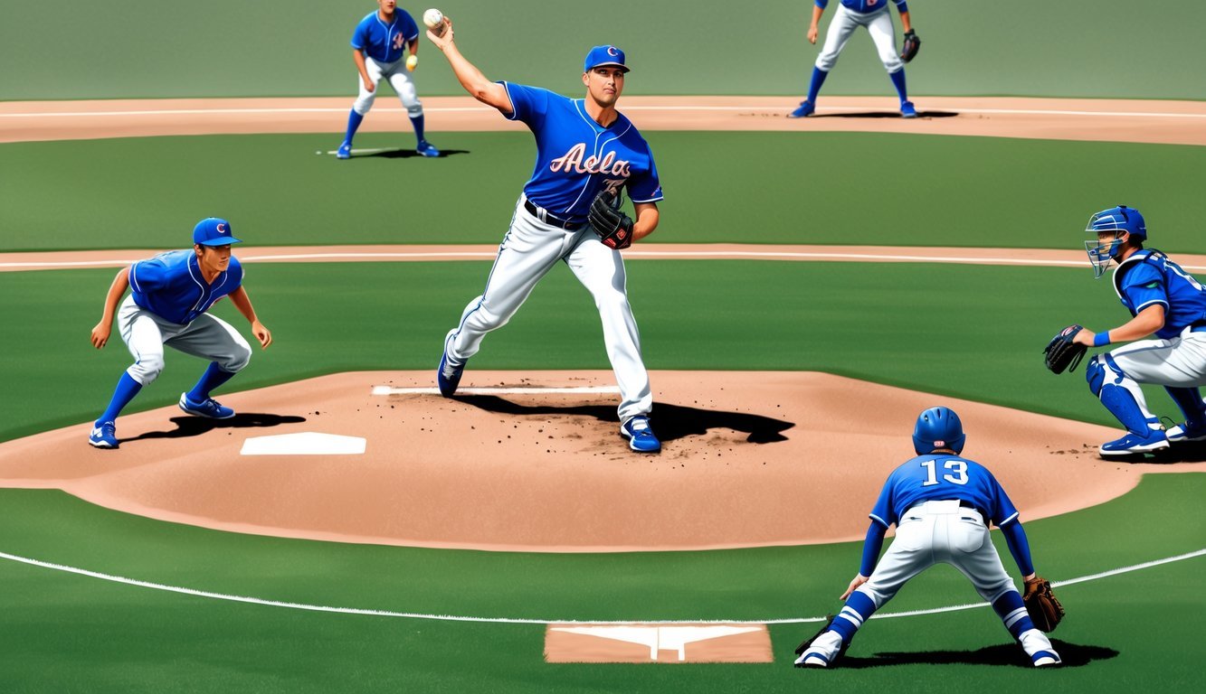 A pitcher on the mound, ready to throw the ball, while a runner takes a lead off first base and the infielders position themselves strategically