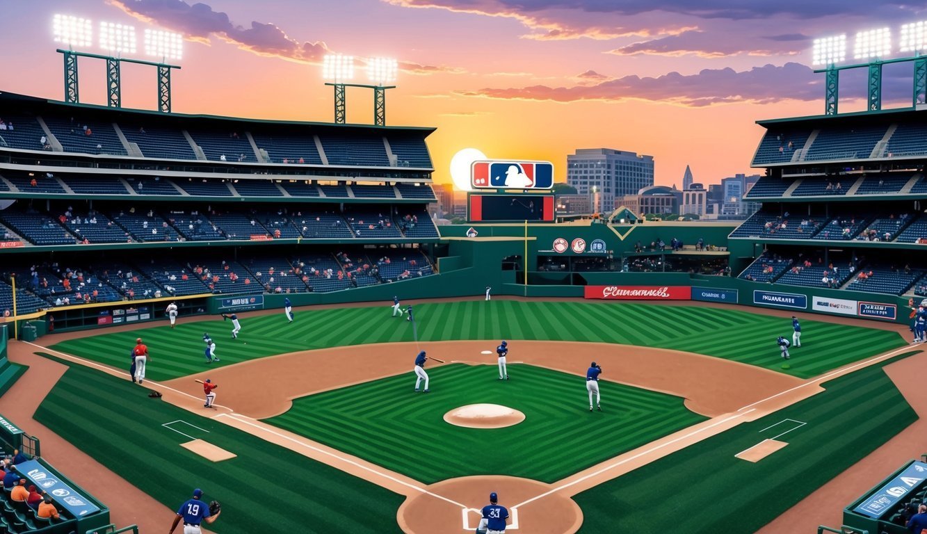 Baseball game in progress at a stadium during sunset