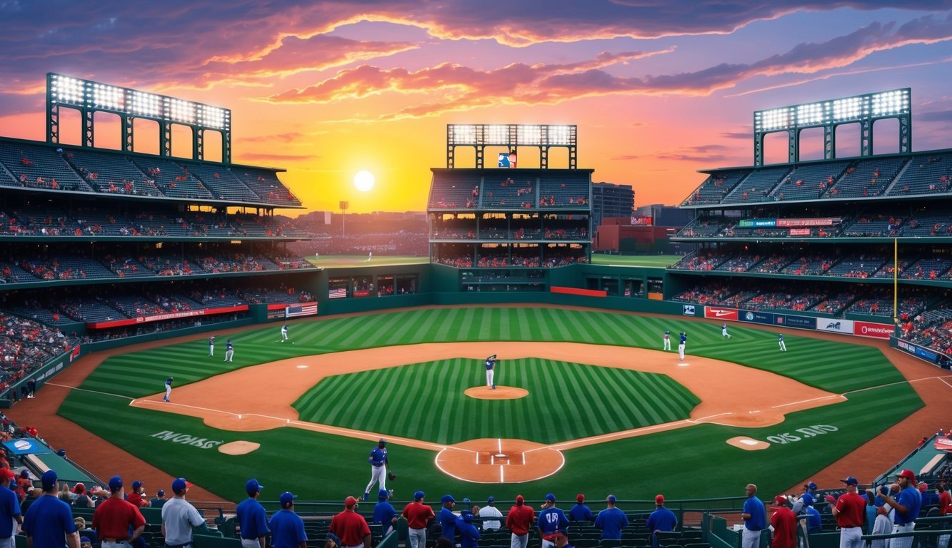 The sun sets behind a packed baseball stadium on MLB Opening Day 2024, with players warming up on the field and fans filling the stands