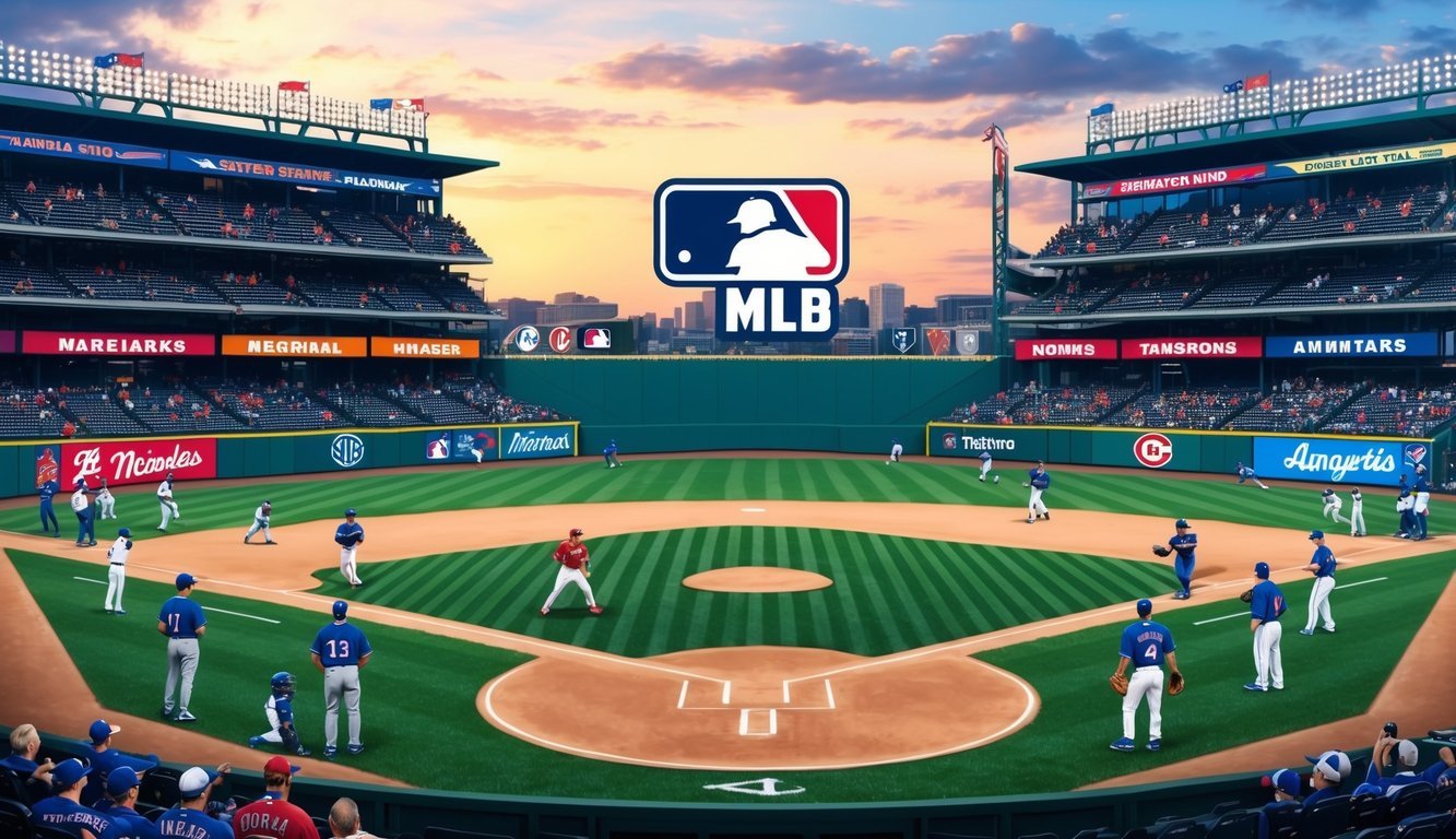 A baseball field with players from various teams warming up, fans in the stands, and banners displaying the MLB logo and team names