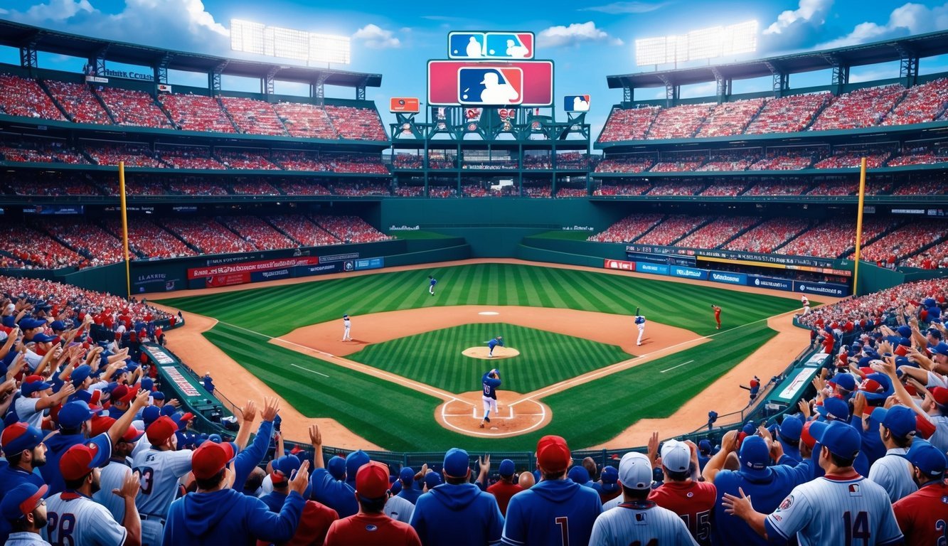 A crowded baseball stadium on MLB opening day in 2024, with fans cheering and players on the field