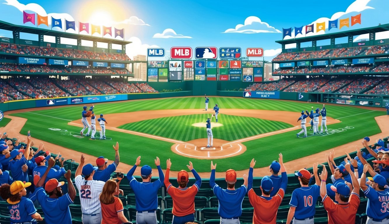 Fans fill the ballpark on MLB opening day 2024, cheering as players take the field.</p><p>The sun shines down on the green grass and colorful banners flutter in the breeze