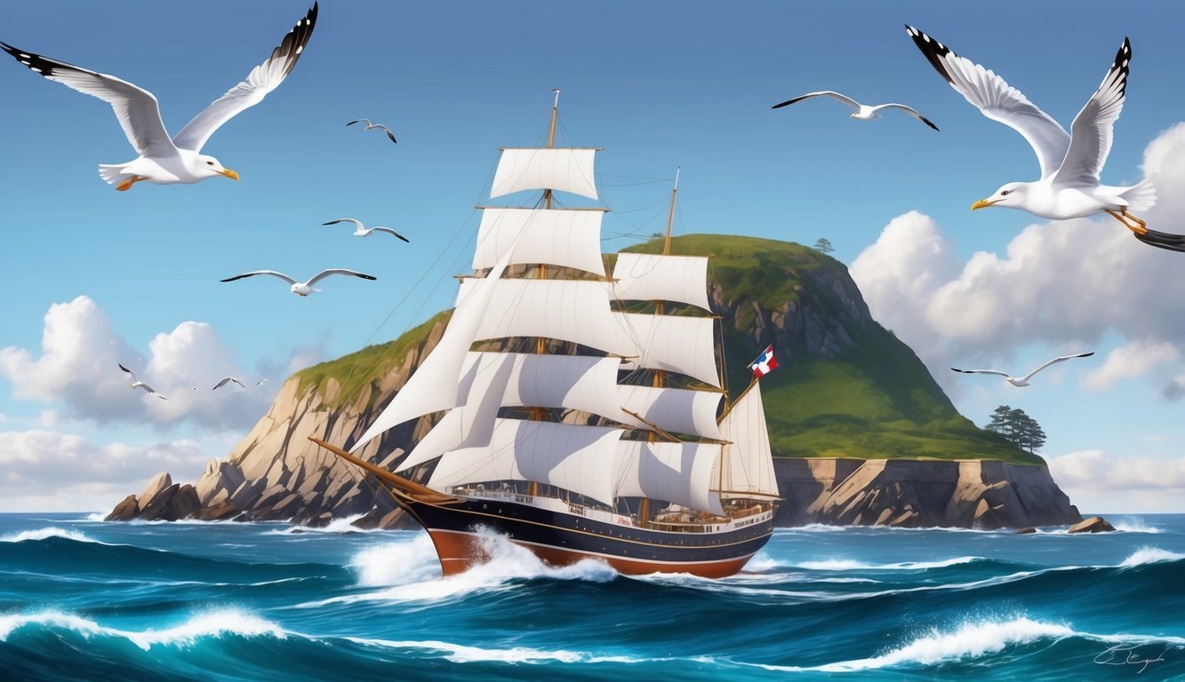 A ship sailing around a rocky cape with crashing waves and seagulls flying overhead