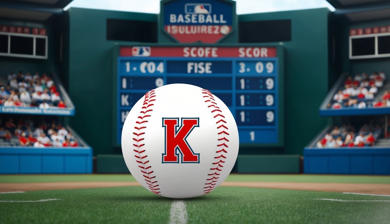 Baseball with a red "K" on the field, scoreboard in the background