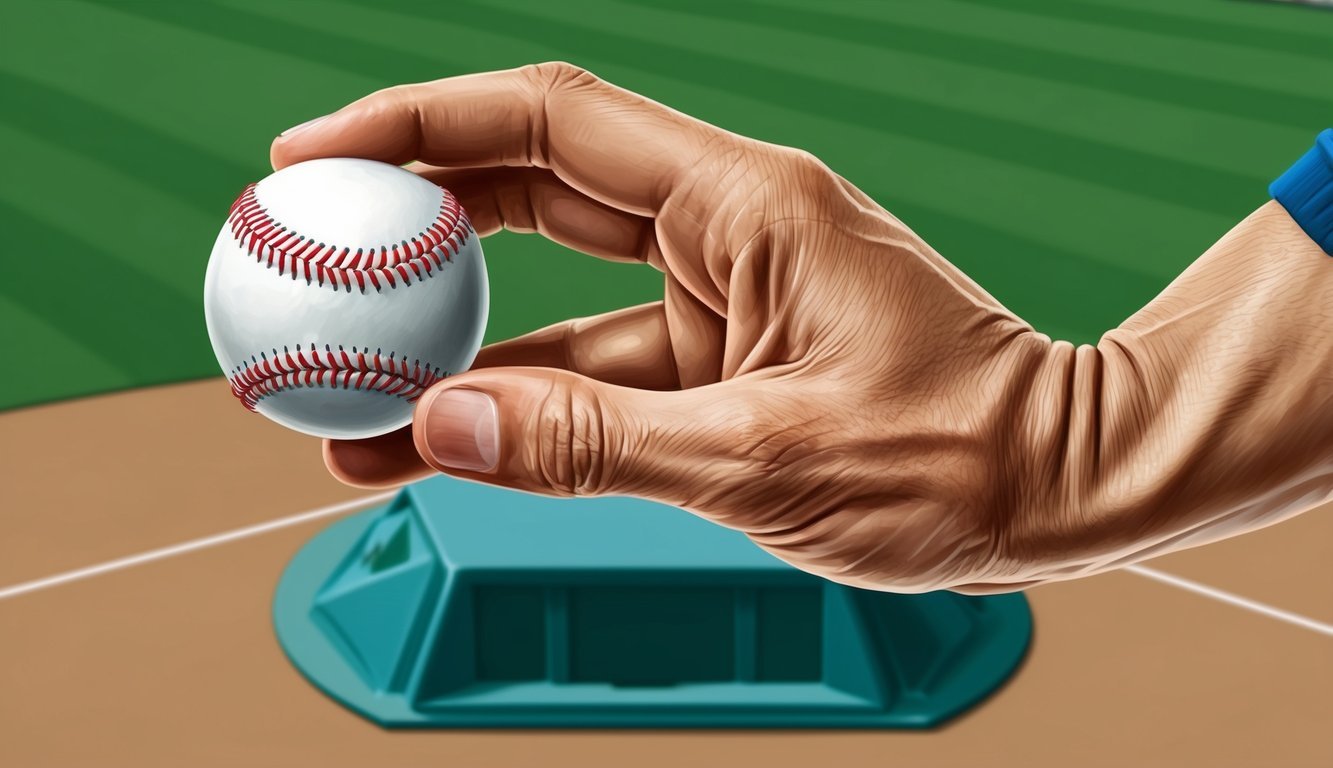 A baseball pitcher's hand gripping a 2-seam fastball, ready to deliver the pitch