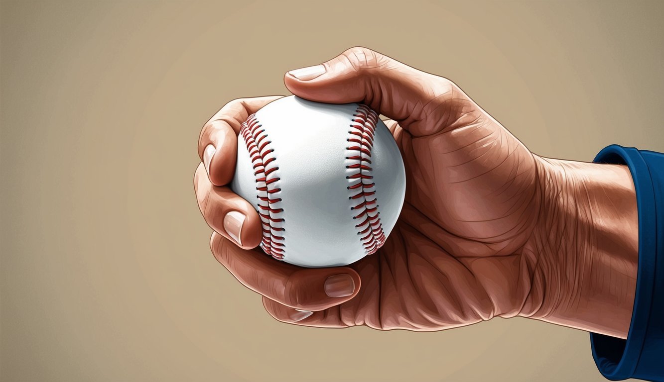 A hand gripping a baseball with the 2-seam fastball grip, fingers placed along the seams, ready to deliver the pitch