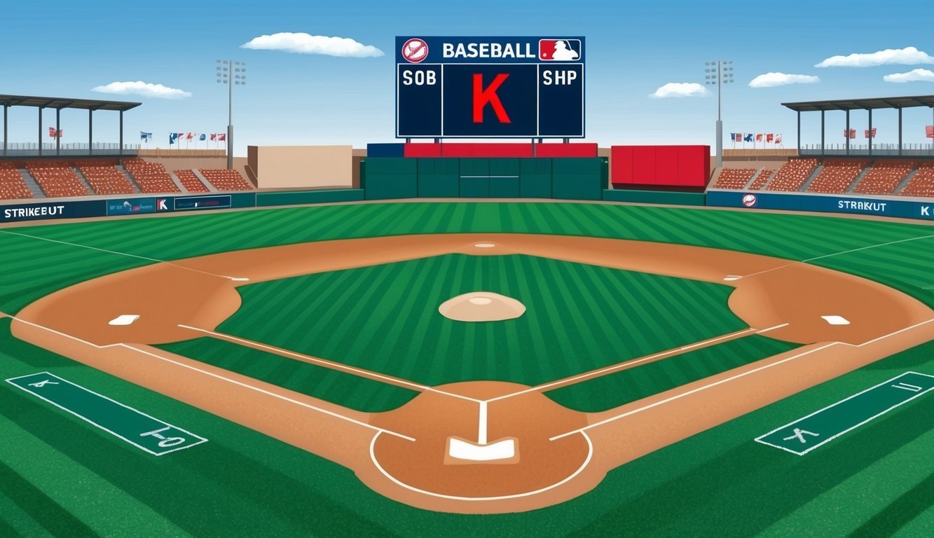 A baseball diamond with a scoreboard displaying "K" for a strikeout