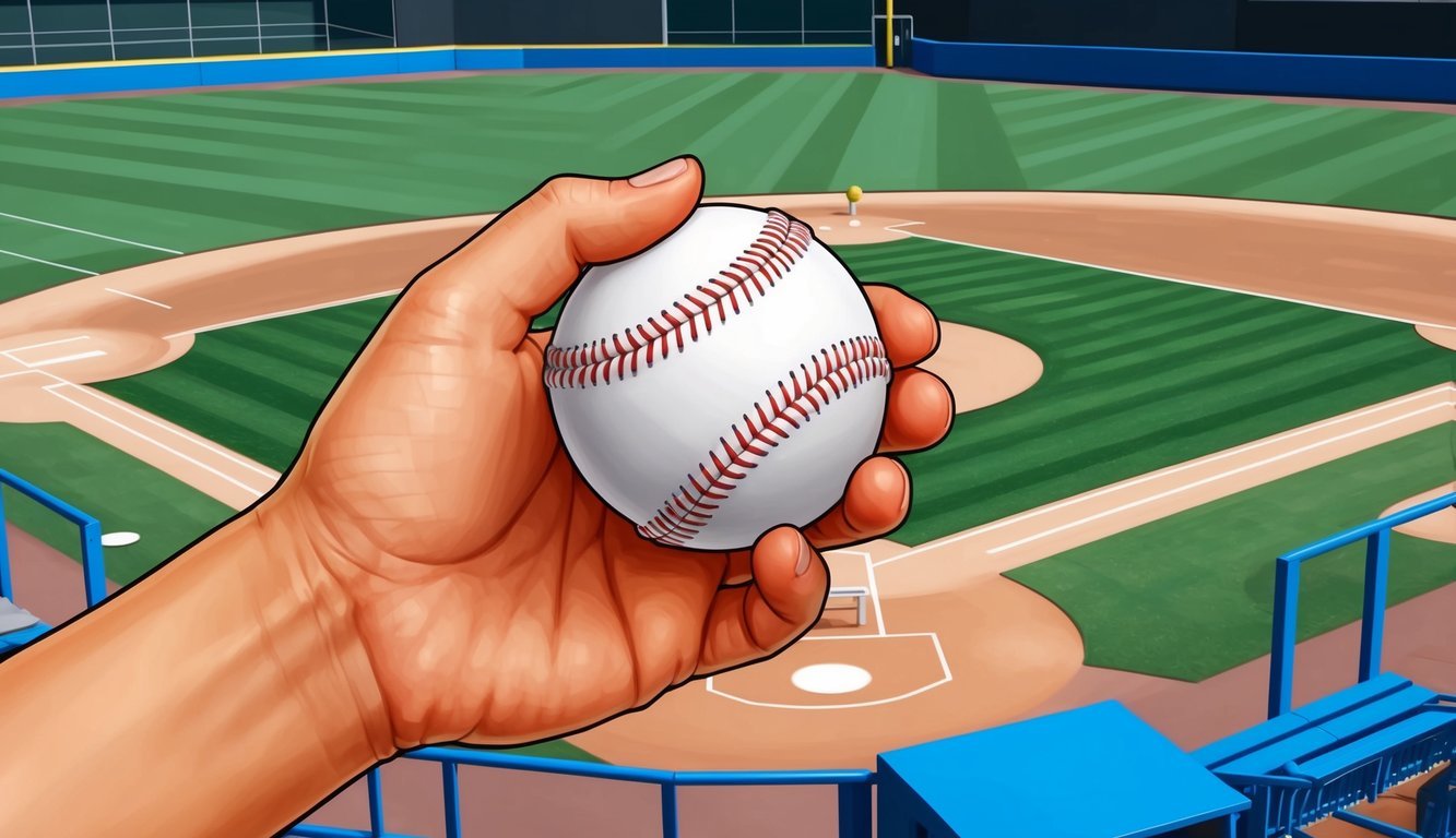 A hand holding a baseball with a 2-seam fastball grip, against a backdrop of a baseball field with different levels of play