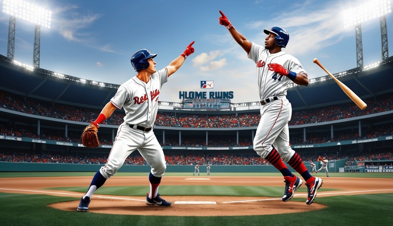 A baseball player hitting a home run and pointing to the sky in celebration